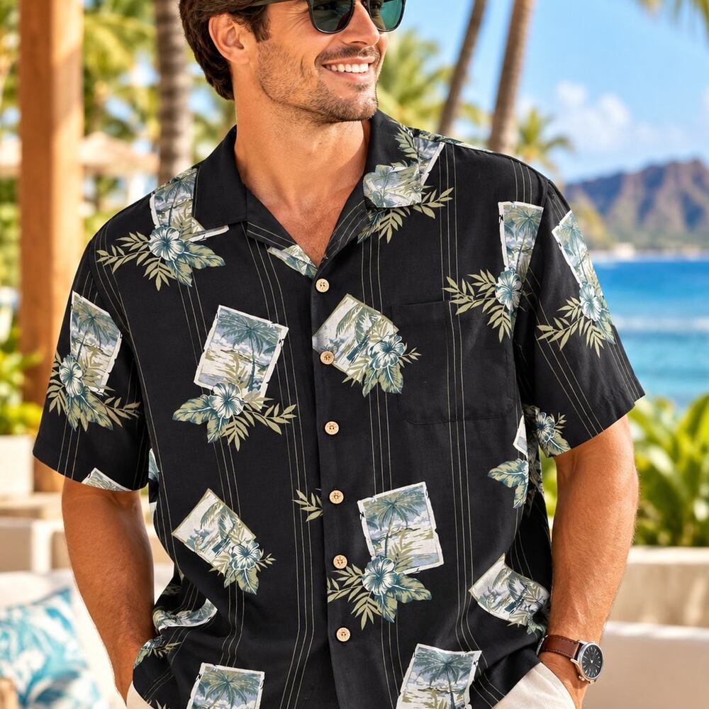 Paradise Bay Men’s Lg 100% Silk Hawaiian Shirt Black Tropical Aloha Camp Shirt